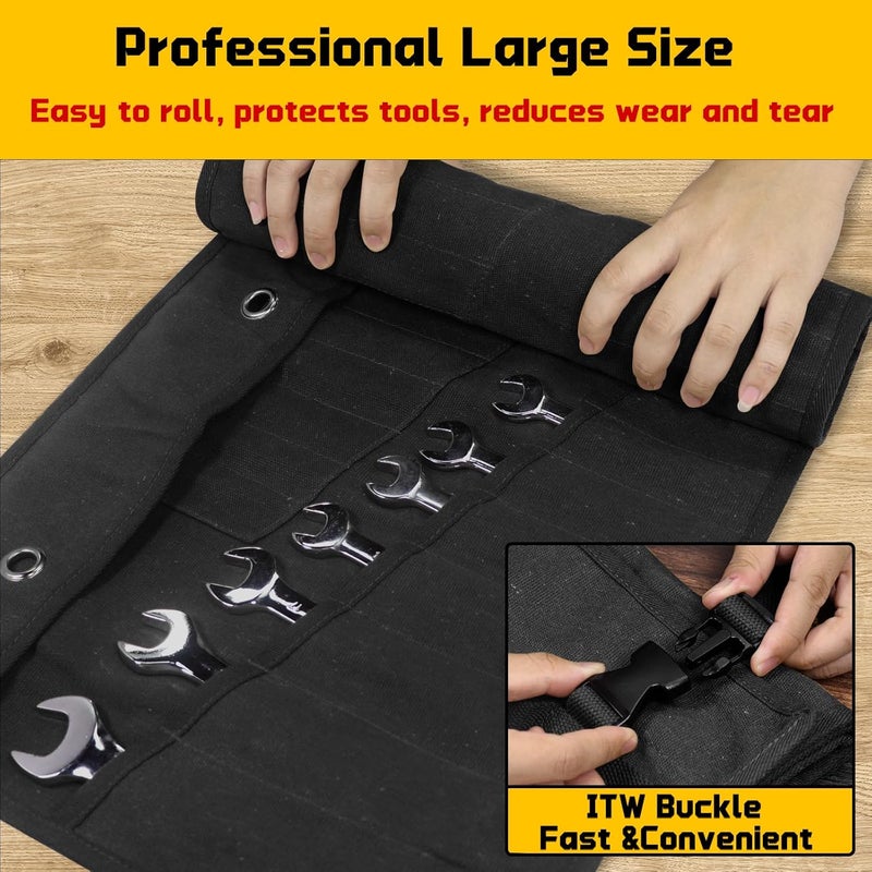 lelezone Wrench Roll 32 Pockets, Heavy-Duty 16 oz. Waxed Canvas Wrench Roll Up Bag Holds Wrench Wrap for Metric and SAE Wrenches, Wrench Pouch with Buckles and Handle, Sturdy Wrench Tool roll (Black) - Image 5